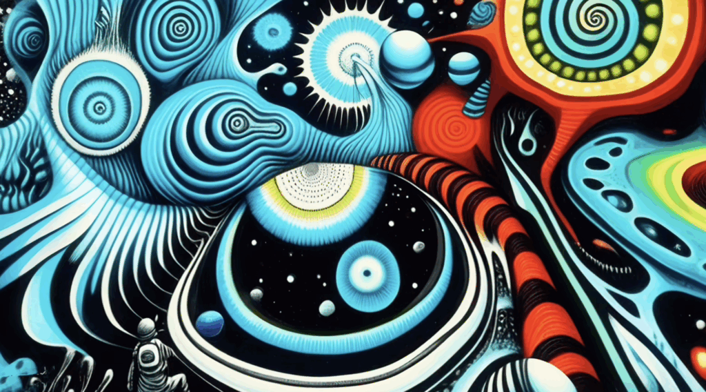 A miniature astronaut gazing up at a massive cosmic wheel of blue, orange, and yellow geometry.